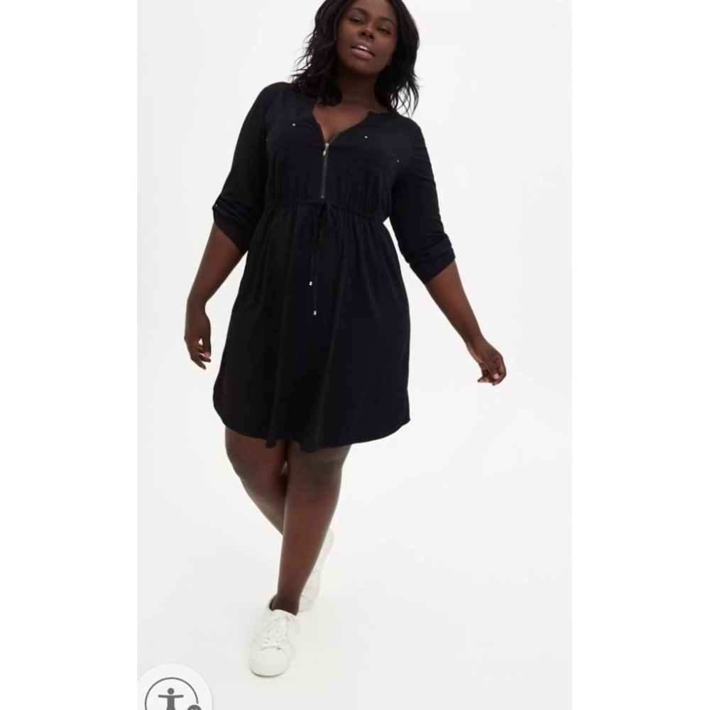 Torrid Black Rayon Spandex Roll Tab Sleeve Shirt Dress Plus Size‎ 2X Office EUC